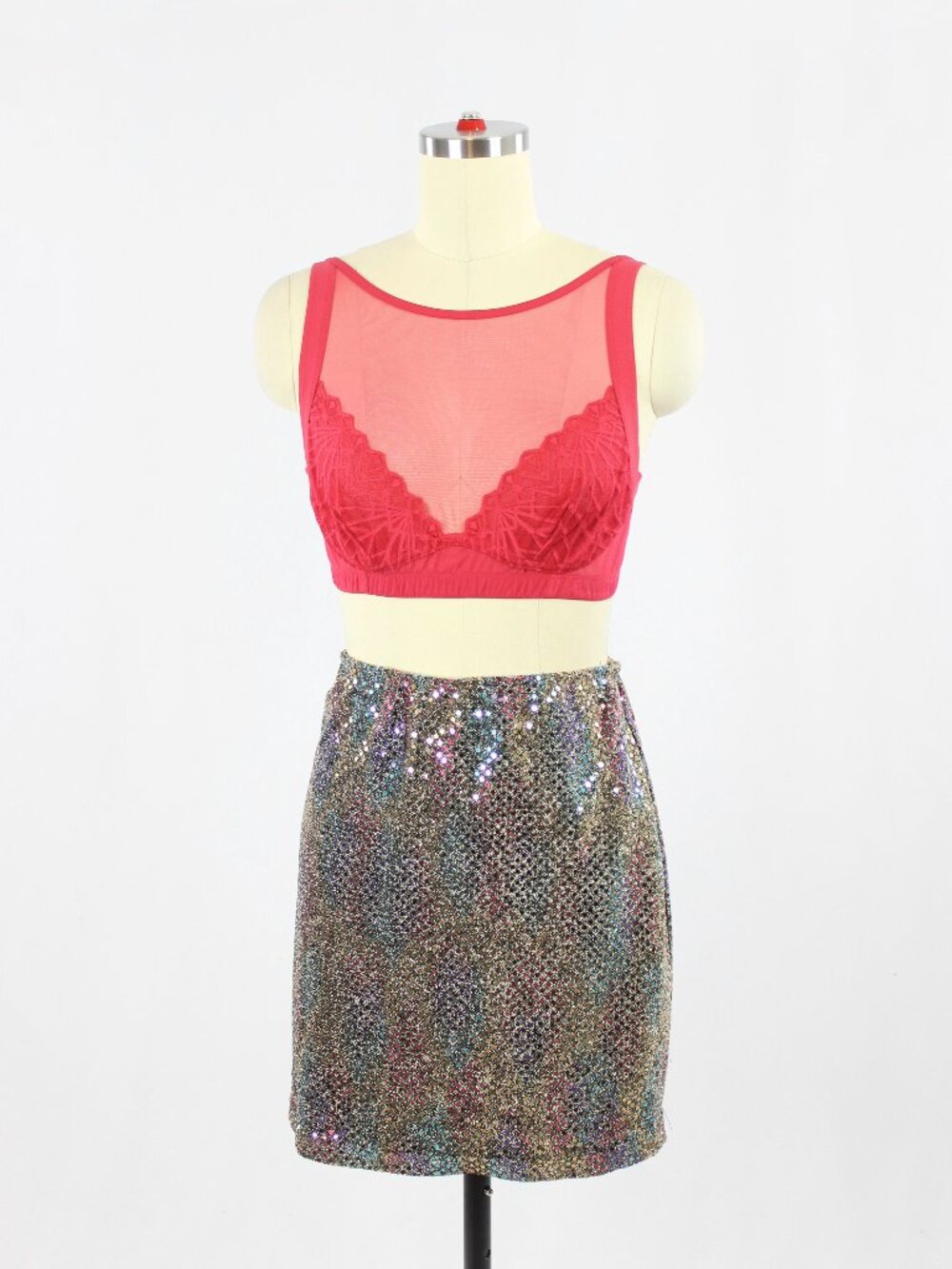 FREDERICK'S OF HOLLYWOOD Black Rainbow Stretch Sequin Mini Slip Skirt, Size M